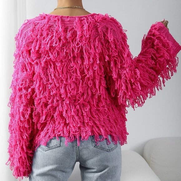 Hot Pink Casual Women's Shaggy Knit Duster Cardigan - Picture 2 of 7